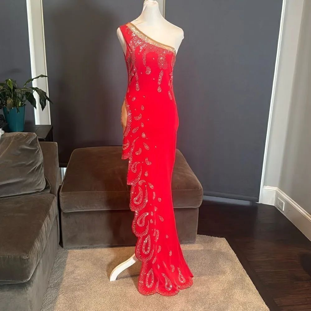 Women’s Sexy Red Sparkly One Shoulder BodyCon Party Dress Leg Split Size S
